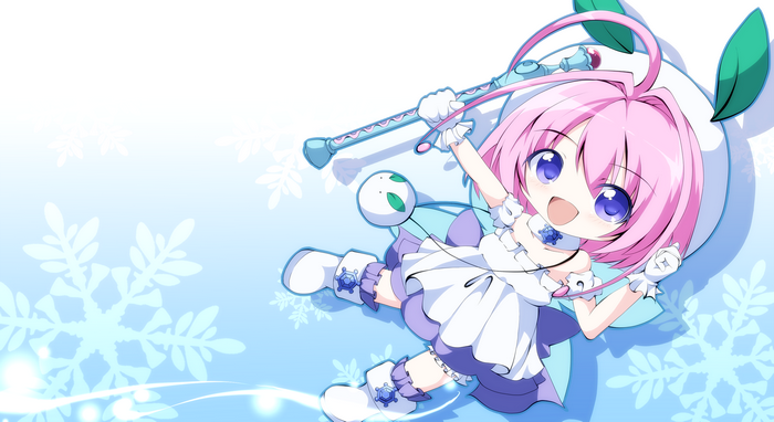 leaves, boots, chibi, gloves, dress, short hair, blue, happy, blue clothing, purple eyes, anime girl with wings, snow flakes, white, hoods, pink hair, looking at viewer