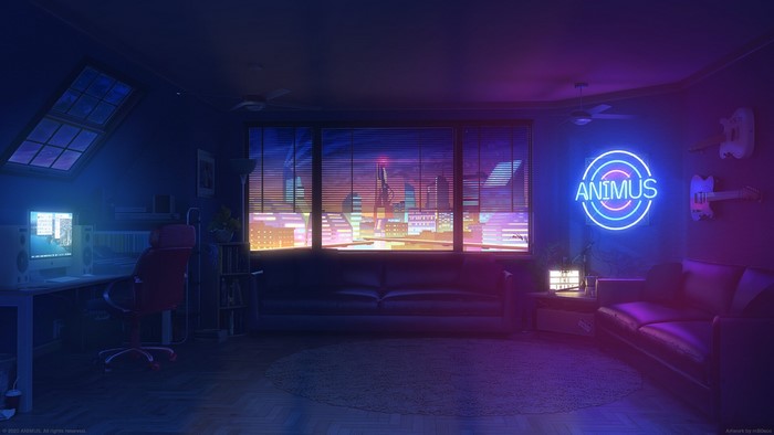 apartment, Bogdan mB0sco, digital, guitar, cityscape, neon sign, window, digital art, night, computer