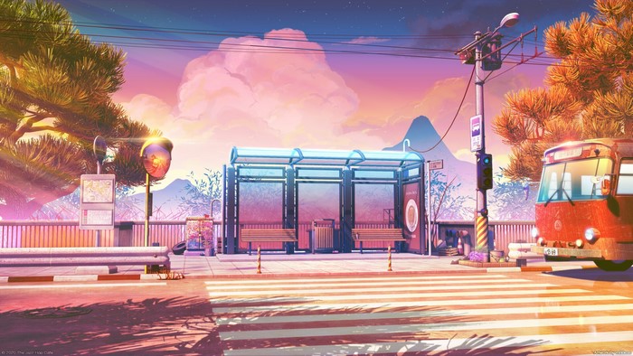 clouds, Bogdan mB0sco, road, traffic lights, digital art, bus stop, trees