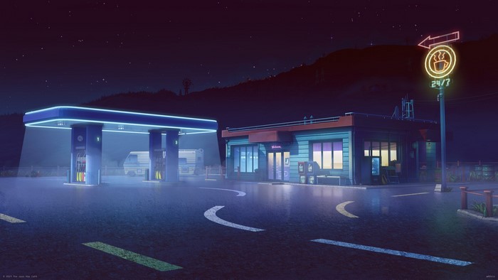 camper van, road, cafe, gas stations, windmill, coffee, Bogdan mB0sco, starry night, night, digital art