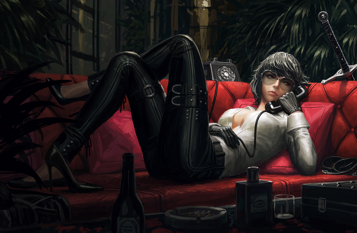 short hair, telephone, black gloves, no bra, GUWEIZ, cleavage, digital art, women with swords, black high-heels, original characters, women, Bad guys, women with shades