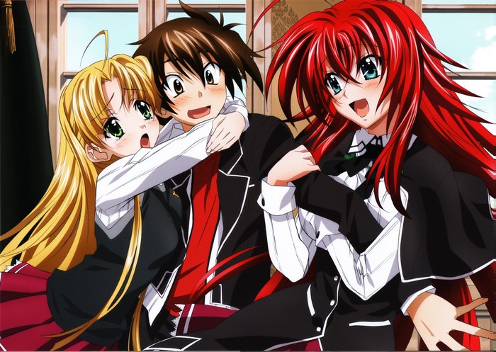 4K, brunette, school uniform, brown eyes, High School DxD, blue eyes, short hair, window, blush, redhead, Argento Asia, blonde, green eyes, Gremory Rias, long hair, tears, curtains, Hyoudou Issei