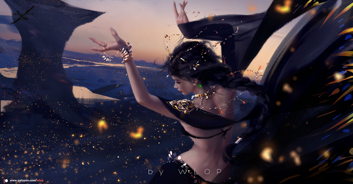 fantasy girl, arms up, bracelets, back, digital art, WLOP, fantasy art, artwork, red lipstick, dark hair, long hair