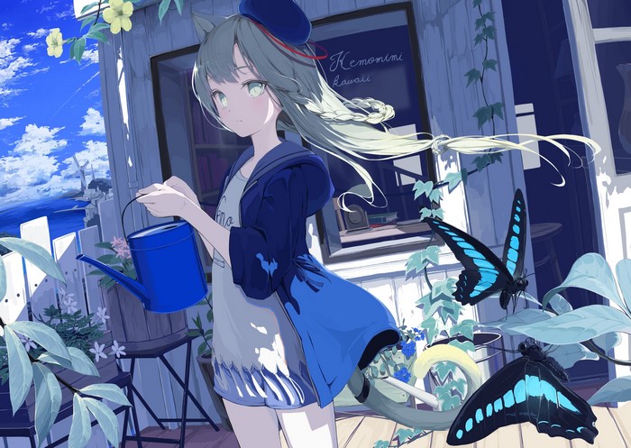 artwork, gray eyes, anime girls, butterfly, mikisai, animal ears, tail, gray hair, cat girl