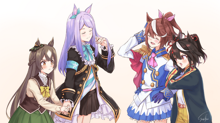 white hair, black hair, bangs, anime, long hair, animal ears, anime girls, smile, brunette, black jackets, arm behind head, holding hair, braids, hugging, tail, holding hands, ponytail, Uma Musume Pretty Derby, vest, thighs, horse girls, black skirts, Mejiro McQueen (Uma Musume), red eyes, artwork, Tokai Teio (Uma Musume), bicolored hair, brown eyes, frills, purple hair, hair ribbon, 2D, simple background, fan art, Satono Diamond (Uma Musume), blushing, closed eyes, Kitasan Black (Uma Musume), open mouth, open jacket, uniform