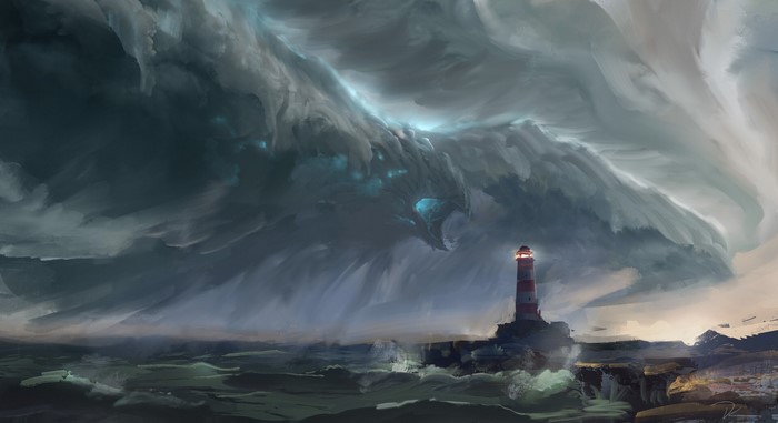 storm, artwork, lighthouse, fantasy art, sea