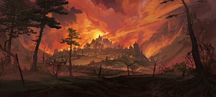 4K, Belfast, burning, trees, Egor Poskryakov, smoke, fantasy art, digital art