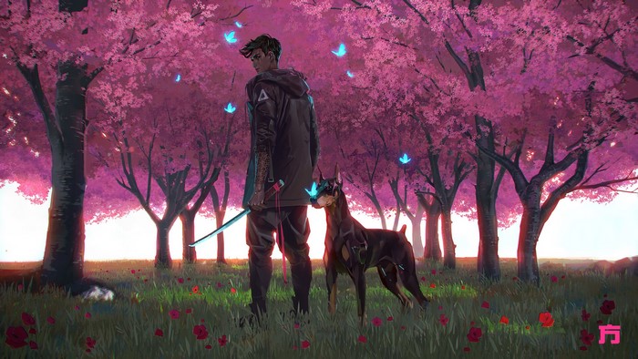 Chin Fong, cherry trees, cherry blossom, dog, digital art, sword, Doberman Pinscher, tattoo
