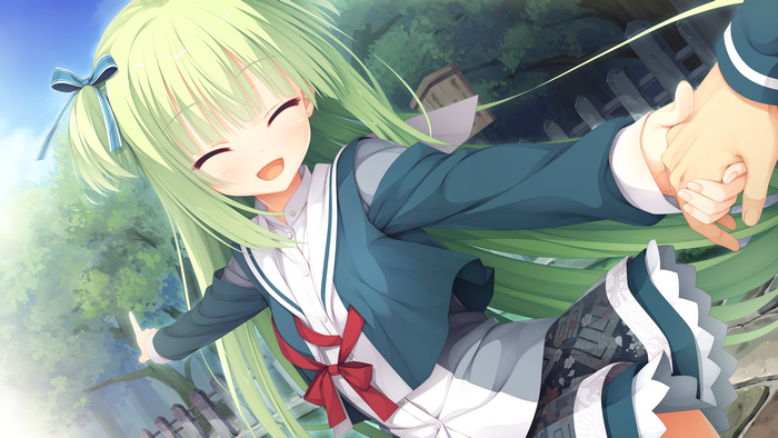POV, anime girls, Senren Banka, green hair, smiling, congyu