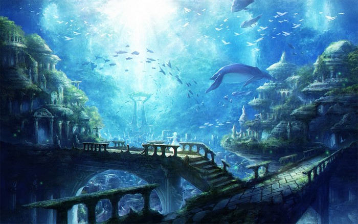 ruins, fantasy city, sea, underwater