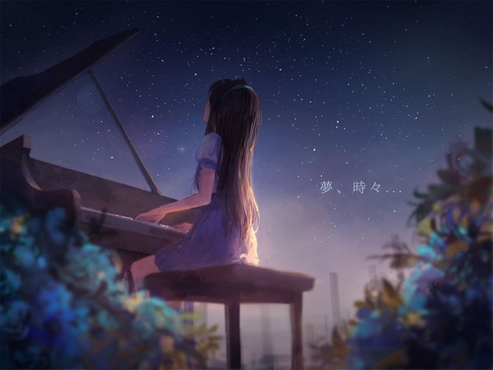 anime, stars, sky, Sishenfan, brunette, sitting, Mes, piano, musical instrument, anime girls, music