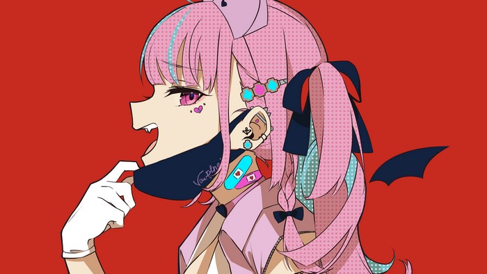 4K, pink eyes, pink hair, Virtual Youtuber, anime, gloves, anime girls, bangs, Minato Aqua, Hassan, Hololive, vampires, mask