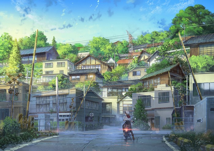 women with motorcycles, motorcycle, anime, town, power lines, vehicle, Japan, artwork, street, anime girls, JP NIK, urban