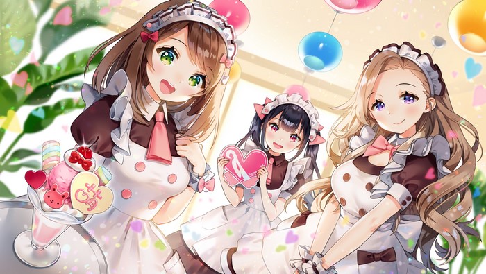 4K, maid, brunette, dress, anime, anime girls, maid outfit, blonde, smiling, dark hair, waitress