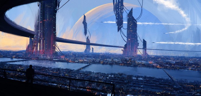 Tim Blandin, city, Moon, ArtStation, Futurism