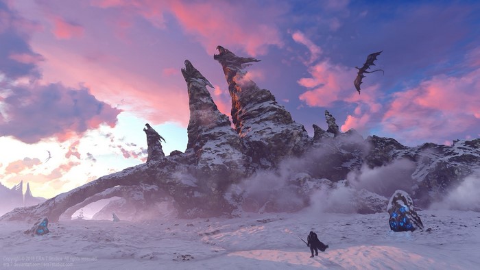 snow, alone, runes, digital art, rock formation, sword, clouds, dragon, fantasy art, Yuliya Zabelina