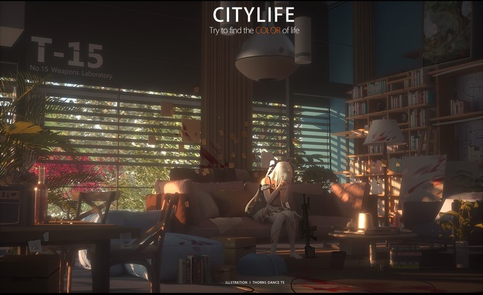 interior, sitting, anime girls, anime, girls with guns, couch, jalousie light effect, indoors