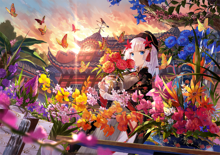 sunlight, blue eyes, animals, hat, butterfly, artwork, anime, women with hats, garden, colorful, Fuzichoko, plants, anime girls, flowers, insect, Fuji Choko