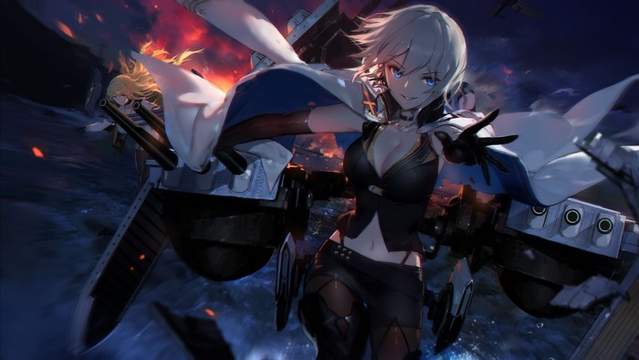 silver hair, swd3e2, anime girls, North Carolina (Azur Lane), cleavage, Azur Lane, blue eyes, artwork, Washington (Azur Lane), grin