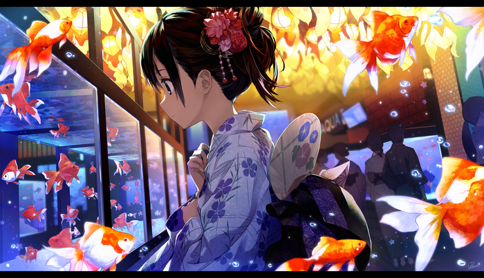 anime girls, aquarium, Japanese clothes, yukata, artwork, Amagai Tarou, fish