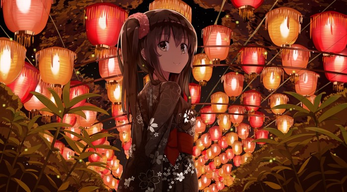 brown eyes, Japanese clothes, yukata, festivals, Niii, brunette, kimono, lantern, anime girls, artwork, smiling