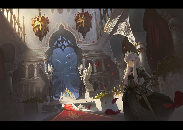 anime girls, fantasy architecture, Nauimusuka, elves