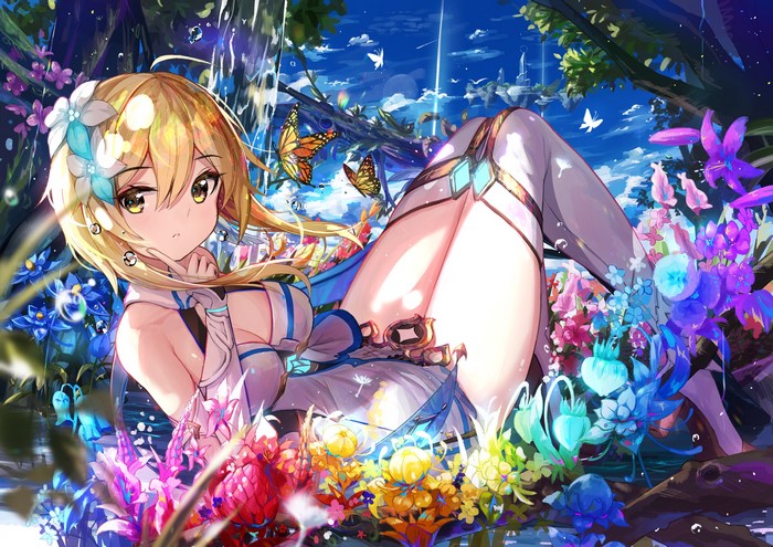 4K, Lumine (Genshin Impact), artwork, anime girls, blonde, prinz_eugen1938, cleavage, colorful, lying on back, anime, Genshin Impact, flowers, legs