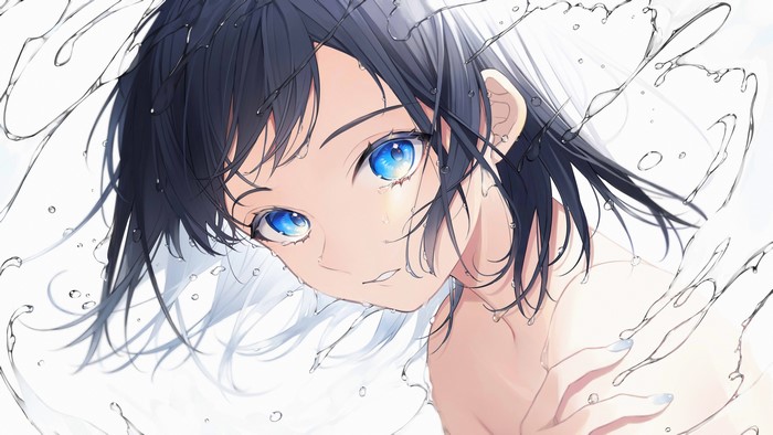 4K, blue eyes, anime, bare shoulders, water, artwork, dark hair, Sogawa, anime girls