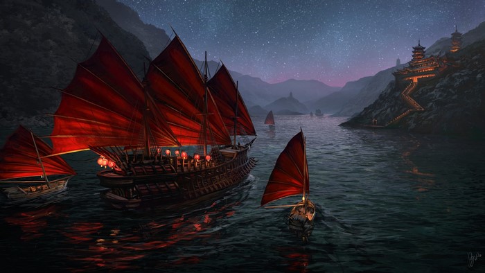Asian architecture, river, night, sailing ship, stars, Asian, ship, fantasy art, artwork
