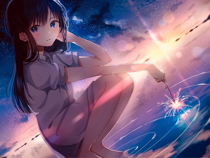 anime, anime girls, sparklers, brunette, Sakura (artist), artwork, squatting, water