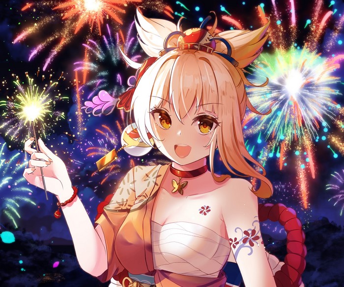 Genshin Impact, fireworks, anime girls, blonde, sarashi, Yoimiya (Genshin Impact)