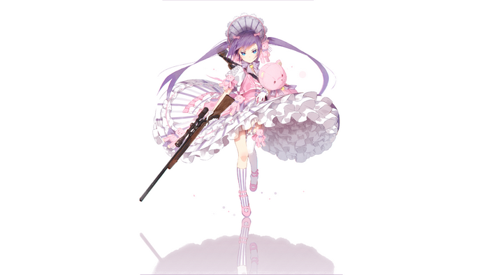 pink dress, hair bows, twintails, blue eyes, teddy bears, gun, shotgun, purple hair