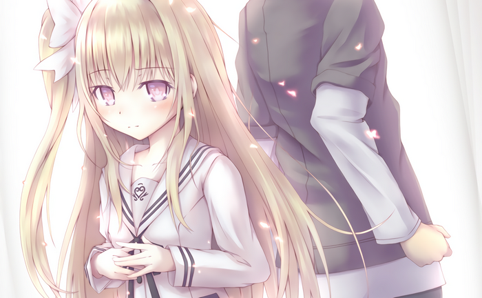 anime girls, Date A Live, pink eyes, Mayuri (Date A Live), school uniform, blonde, hair bows