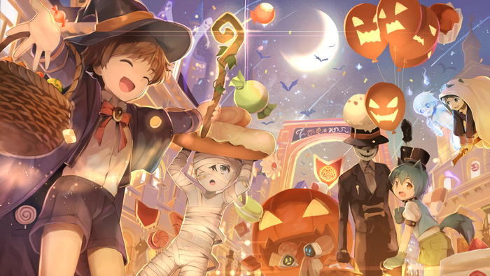 Halloween Night with Witch, Mummy, and Jack O Lantern