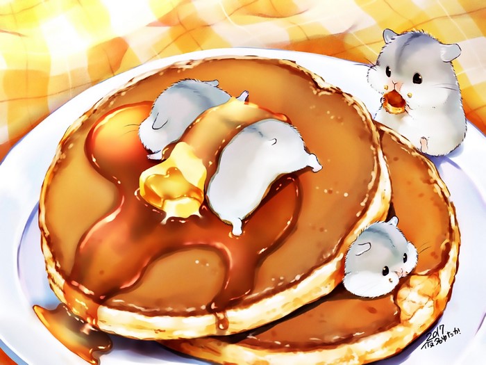 eating, pancakes, Syrup, butter, hamster
