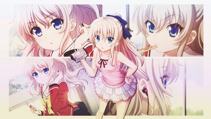 chopsticks, hair bows, blue eyes, school uniform, camera, phone, blonde, ear buds, ponytail, Tomori Nao, anime girls, dress, Charlotte (series)