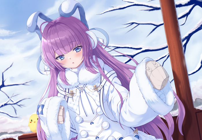 Tashkent (Azur lane), purple hair, blush, white jacket, bunny ears, snow, anime girls, blue eyes, sweater, Azur Lane, long hair, loli