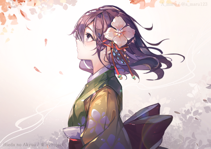 flower bow, Hieda no Akyuu, Japanese kimono, purple eyes, cherry blossom, Touhou, purple hair, short hair, anime girls