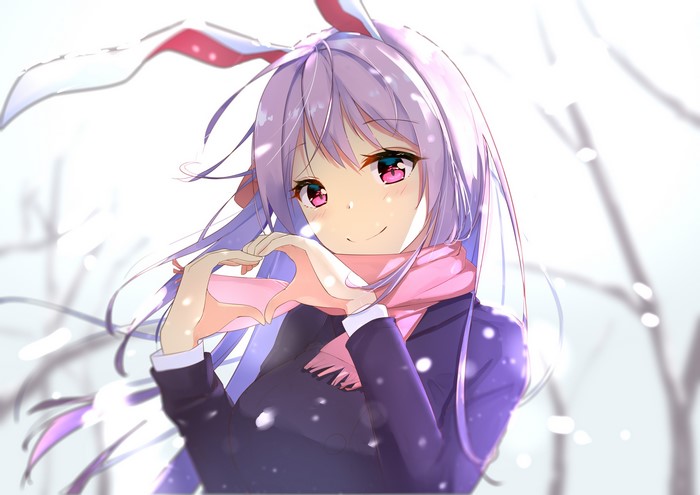 purple hair, Touhou, scarf, snow, anime girls, smiling, blush, jacket, Reisen Udongein Inaba, branch, pink eyes, long hair