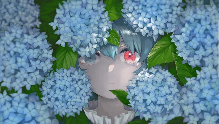 4K, blue flowers, teal hair, Touhou, pale, Tatara Kogasa, anime girls, tears