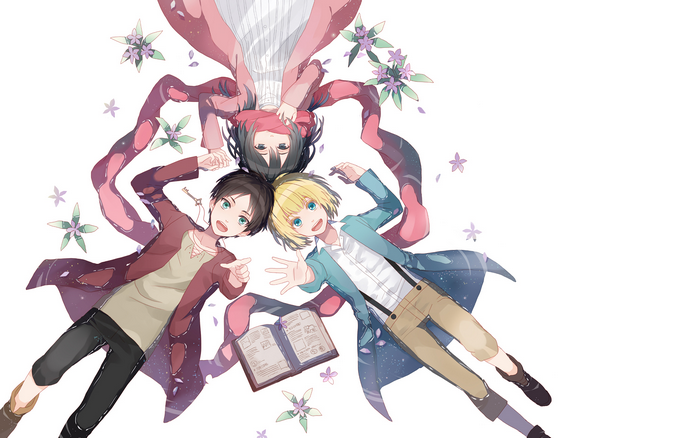 anime girls, Armin Arlert, Eren Jeager, anime, Shingeki no Kyojin, anime boys, flowers, lying down, Mikasa Ackerman