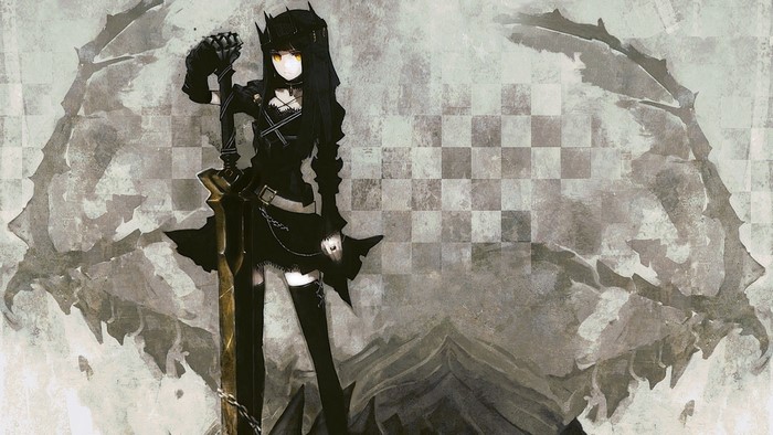 black clothing, anime girls, Black Rock Shooter, sword, orange eyes, short hair, black hair