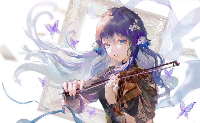 anime girls, long hair, ribbons, blue eyes, violin, DaylightAllure, looking at viewer, butterfly, Arknights, flower in hair, canvas, anime, Astesia (Arknights), blue hair