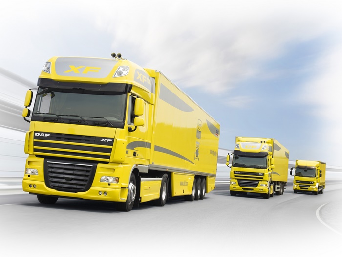 Yellow DAF XF trucks on the road
