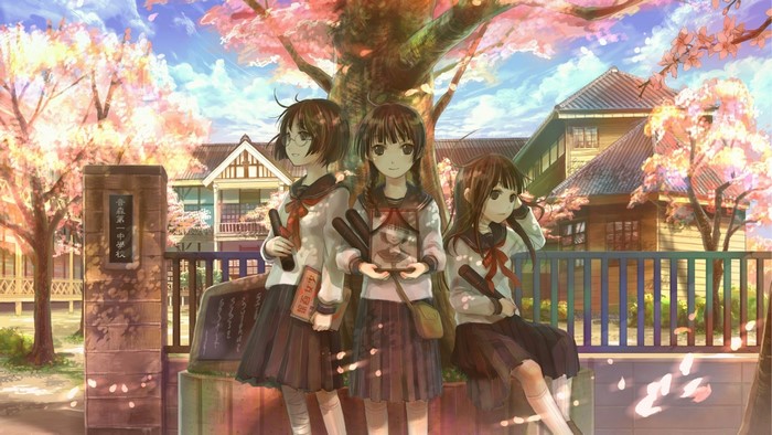 cherry blossom, anime girls, schoolgirl, short hair, braids, long hair, school, school uniform, anime, brunette