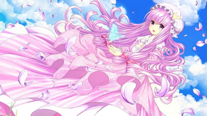 pink, dress, Touhou, anime girls, long hair, wavy hair, sky, butterfly, clouds, Patchouli Knowledge