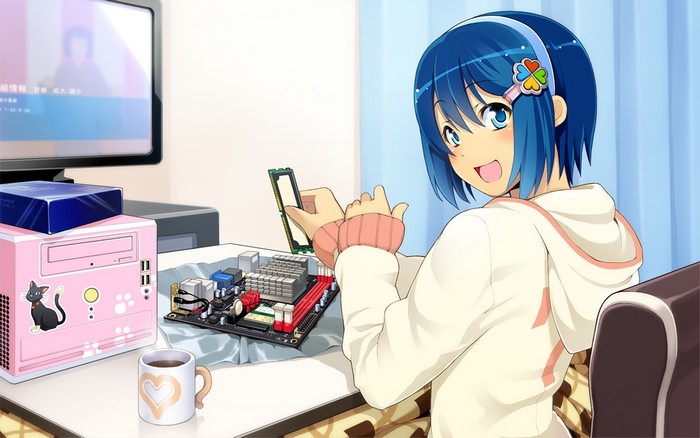 hair band, blue hair, computer, sweatshirts, short hair, coffee, anime girls, room, OS-tan