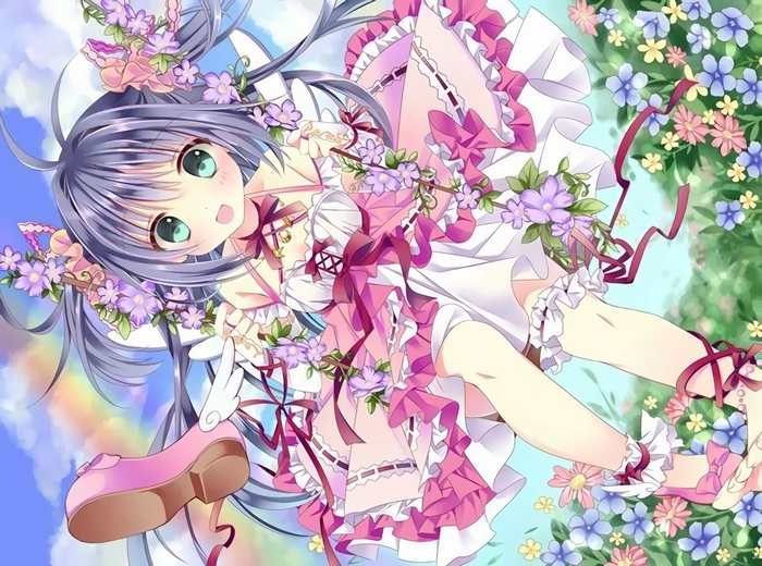 sky, pink dress, ribbon, blue hair, anime girls, twintails, blush, aqua eyes, flowers, rainbows, clouds