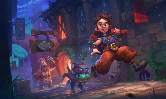 Cat steals fish from a shop with a boy and a dwarf