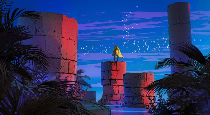 night, artwork, pillar, digital art